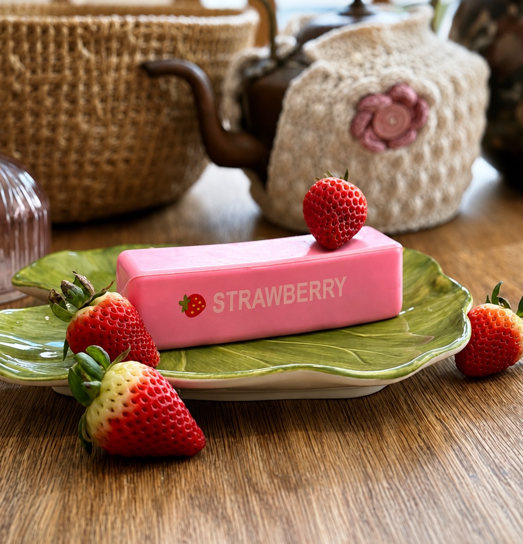 Pink Strawberry Butter squishy surrounded by fresh strawberries