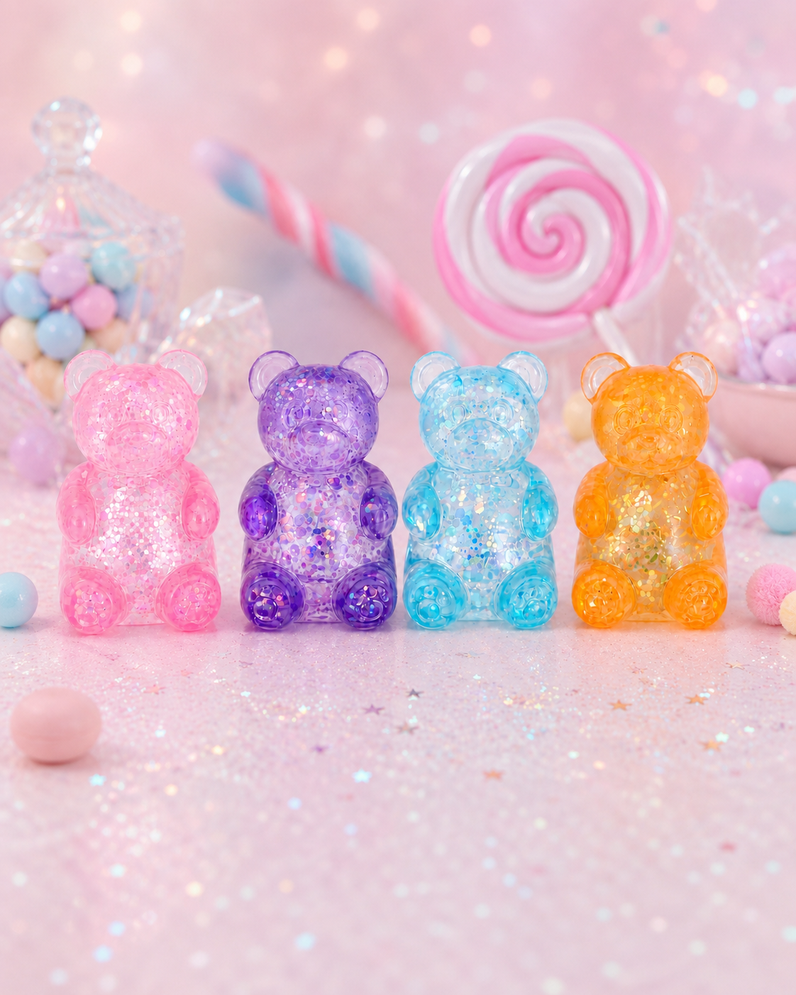 Four colourful Glitter Jelly Bear squishies