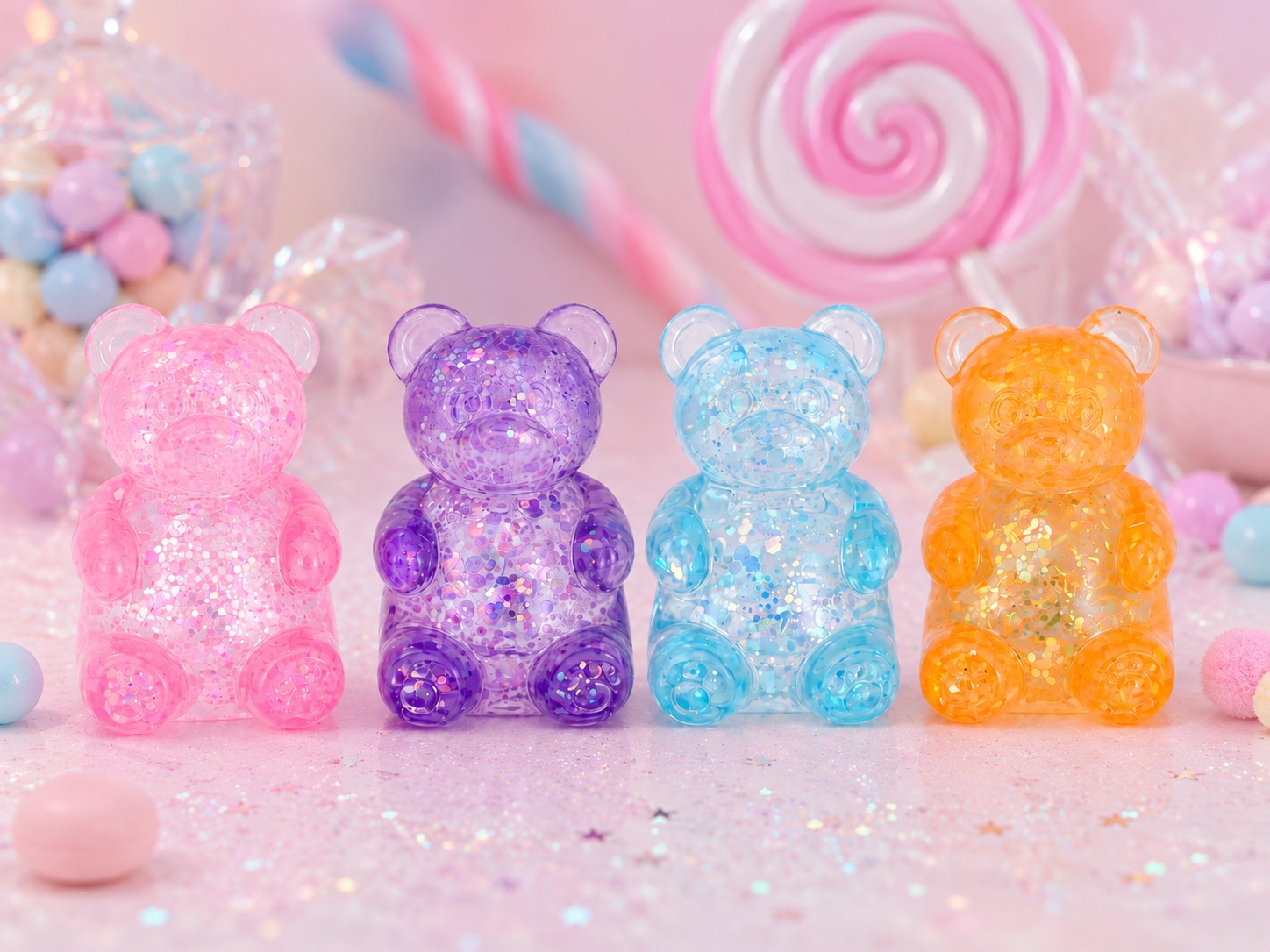 Four colourful glitter jelly bear squishies