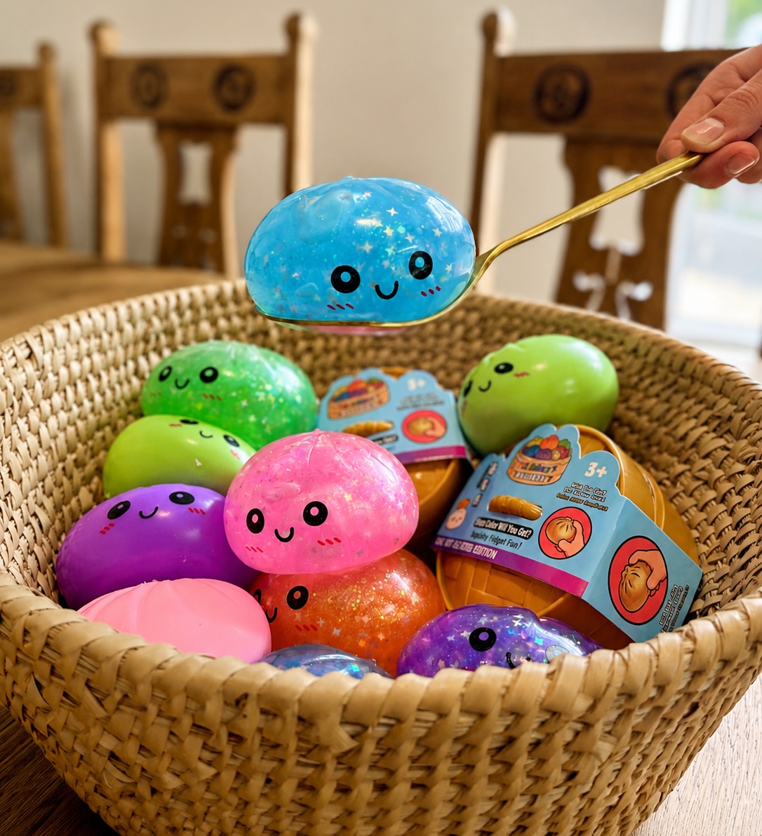 Basket filled with colourful regular and glitter dumpling squishies